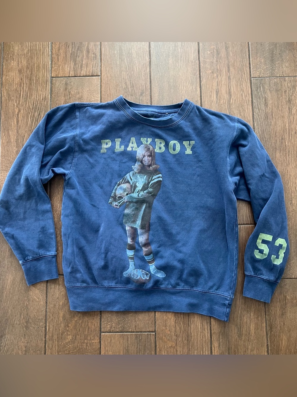 Playboy Men's Blue Football Pinup Pullover Sweatshirt size Small